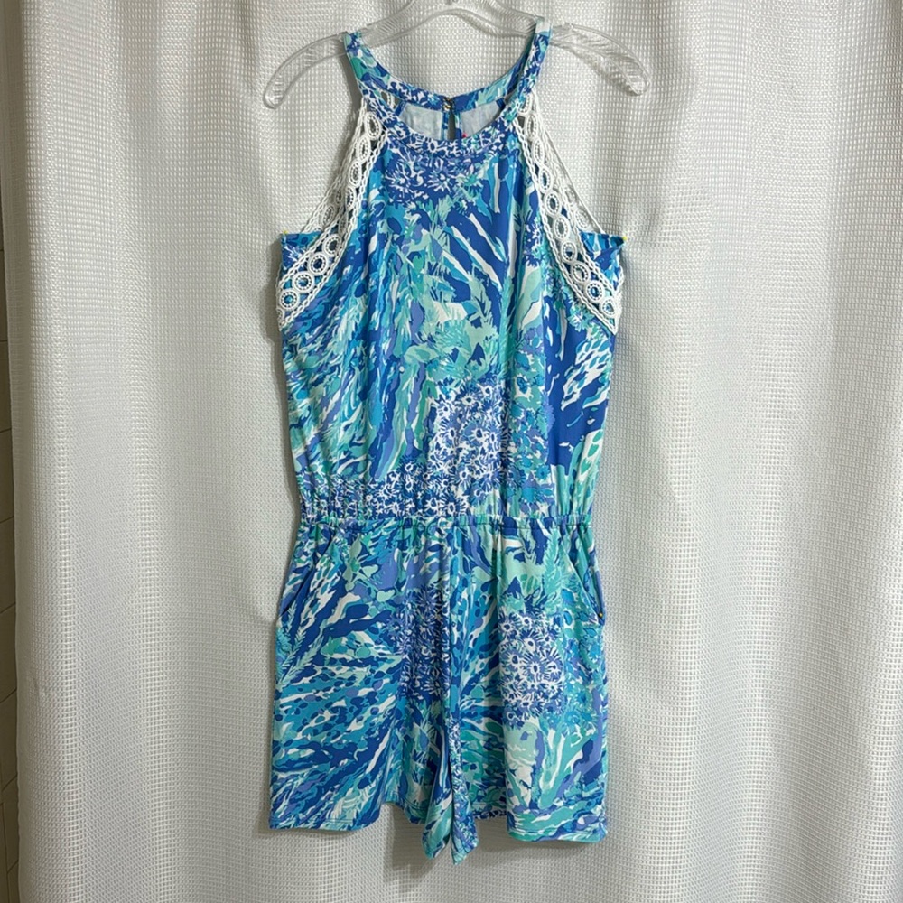 Lilly Pulitzer Blue Green Printed Lace-Trim Halter Romper